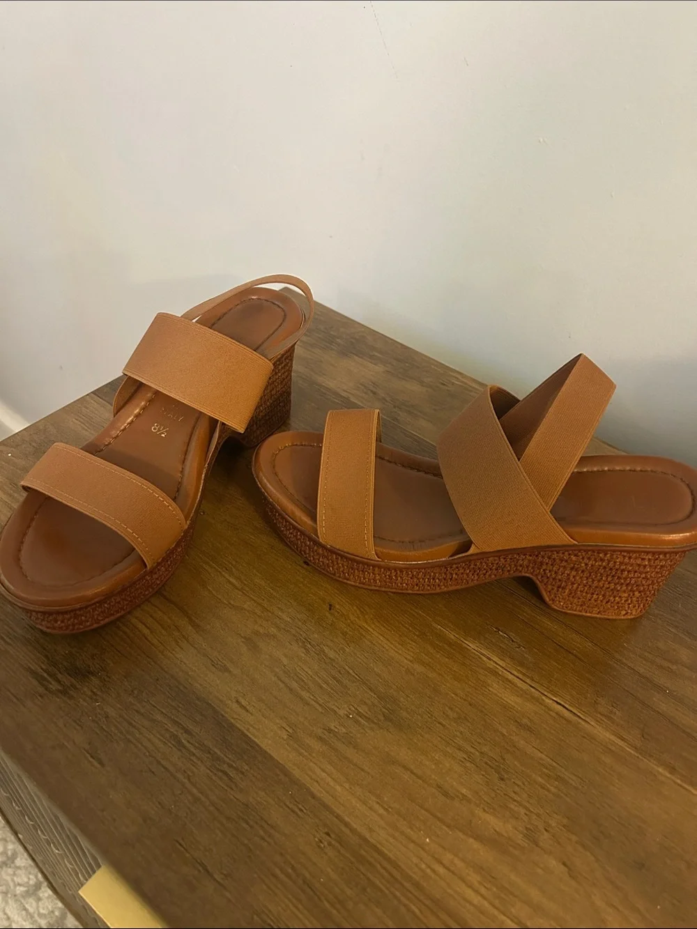Women's Tan Wedge Slide Sandals with Elastic Straps